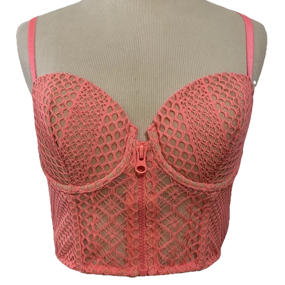 Victoria’s Secret Very Sexy Lined Demi Bra 36B, Coral Fishnet Zip Front Bustier
